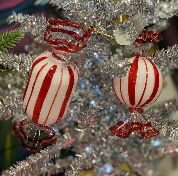 Glass Long Red White Peppermint Candy Ornament