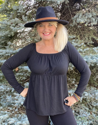 Ribbed Off The Shoulder Black Tunic Style Long Sleeve Top Shirt