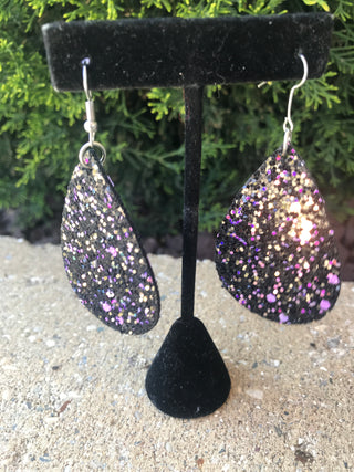 Glitter Teardrop Leather Earrings Purple