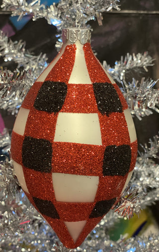 Finial Shape Red Black Check Plaid Glitter Glass Ornament