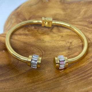 Gold Tone Stainless Steel Bangle with Rhinestones Hinged Bracelet