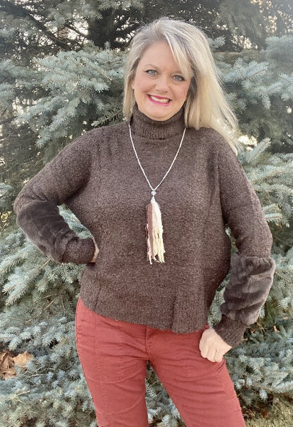 Turtleneck Knit Pullover Long Sleeve Sweater Faux Fur Sleeve