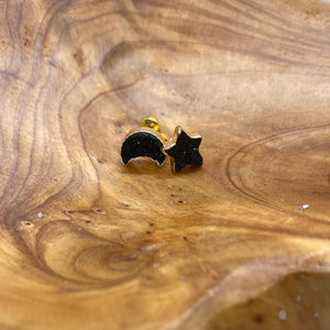 Moon Stars Black Druzy Post Earrings