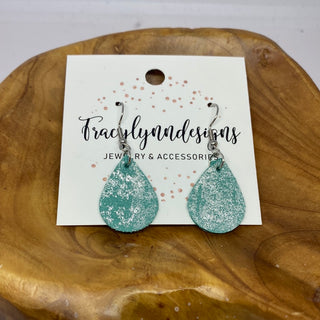 Small Green Silver Leather Teardrop Earrings