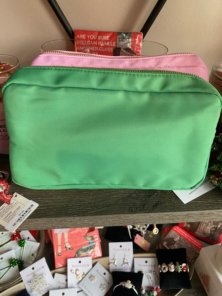 Nylon Green Cosmetic Zip Front Make up Bag