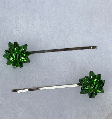 Set of Two Green Holiday Christmas Bow Barrettes