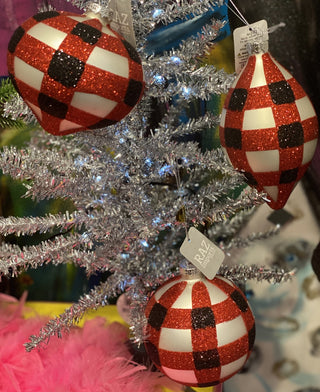 Finial Shape Red Black Check Plaid Glitter Glass Ornament