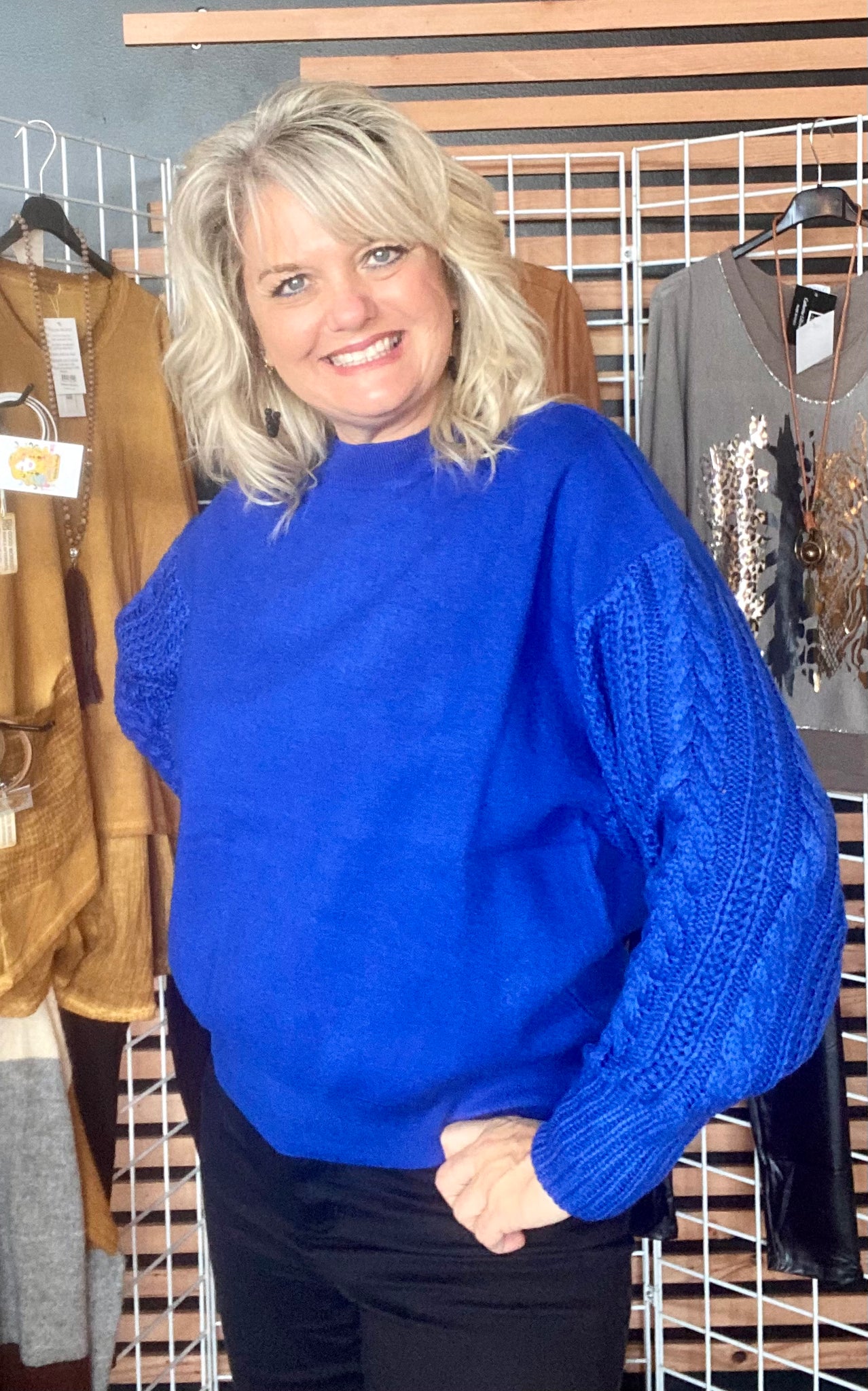 Long Sleeve Pullover Cobalt Blue Cable Detail Sleeves Sweater