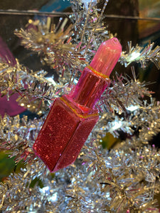 Glass Hot Pink Glitter Lipstick Ornament