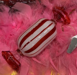 Glass Long Red White Peppermint Candy Ornament