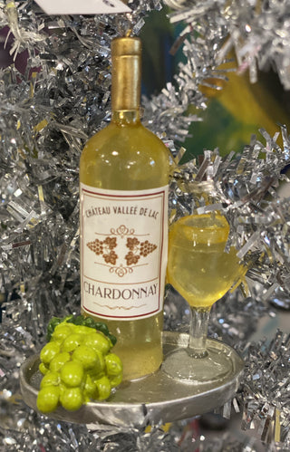 Serving Tray with Chardonnay Wine Bottle and Glass Ornament