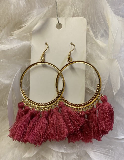 Tassel Fabric Bohemian Hoop Earrings Raspberry