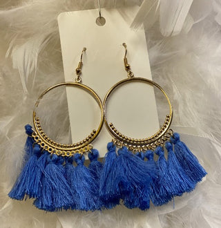 Tassel Fabric Bohemian Hoop Earrings Blue