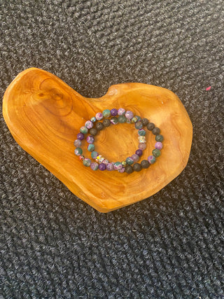 Set of Two Green Purple Black Lava Bead Bracelets