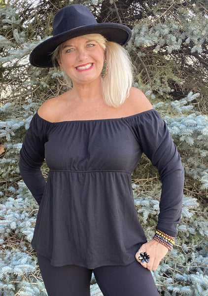 Ribbed Off The Shoulder Black Tunic Style Long Sleeve Top Shirt