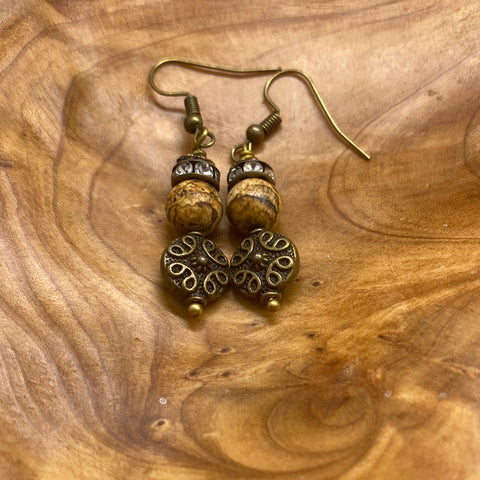 Custom Antique Beige Bead Stones Bauble Teardrop Earrings