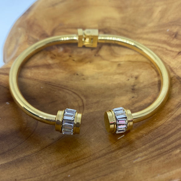 Gold Tone Stainless Steel Bangle with Rhinestones Hinged Bracelet