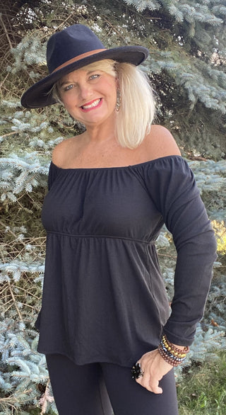 Ribbed Off The Shoulder Black Tunic Style Long Sleeve Top Shirt