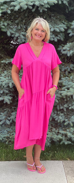 Solid V Neck Ruffle Pink Midi Dress