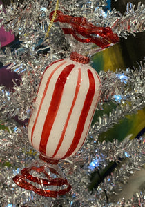 Glass Long Red White Peppermint Candy Ornament