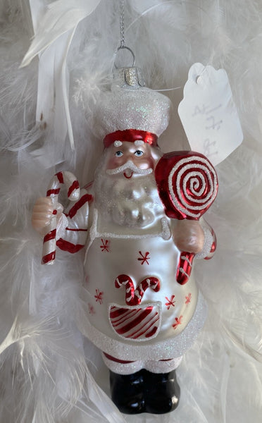 Santa Claus Peppermint Parlour Holding a Peppermint Stick Candy Cane Ornament