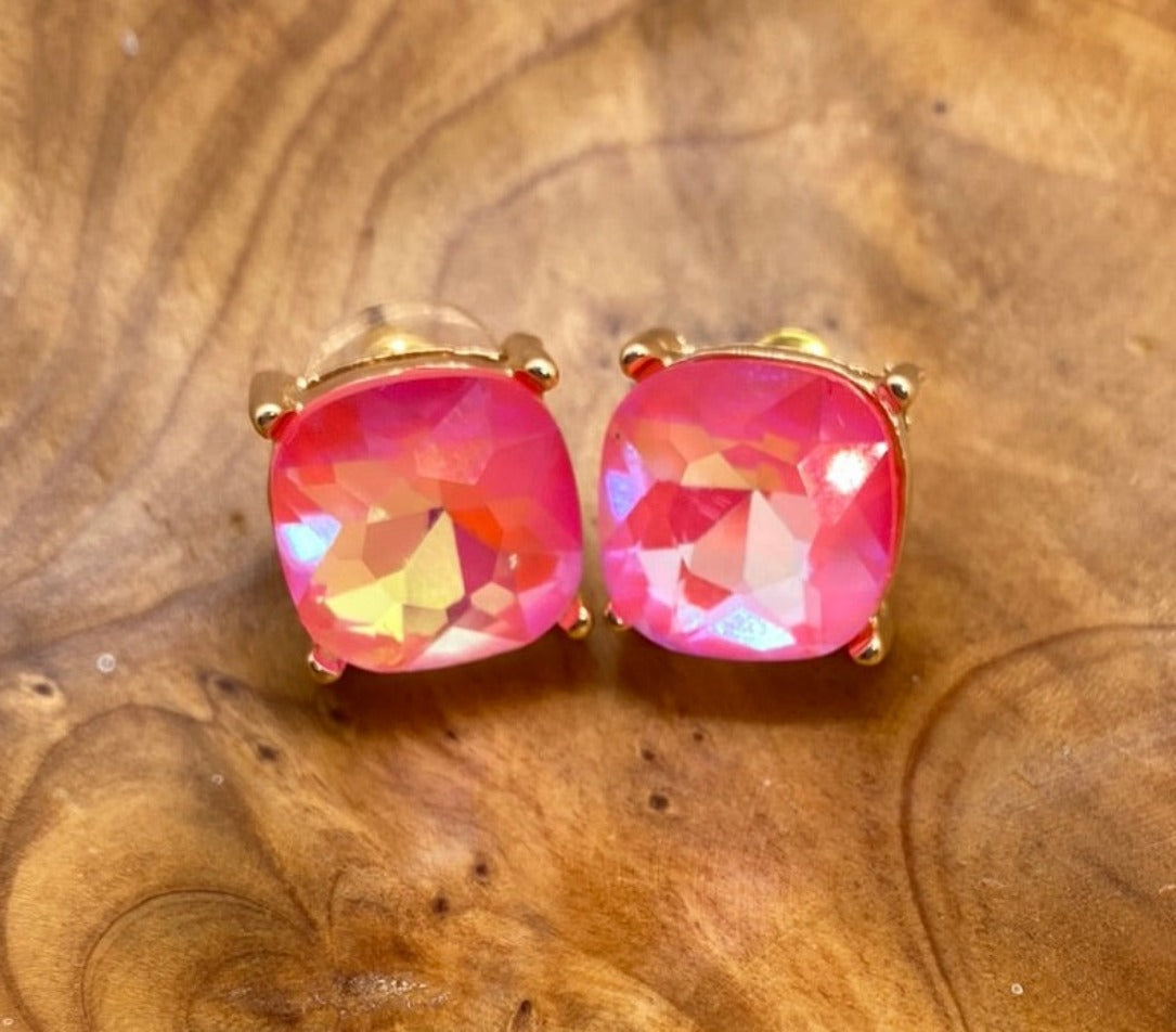 Neon Pink Square Post Earrings