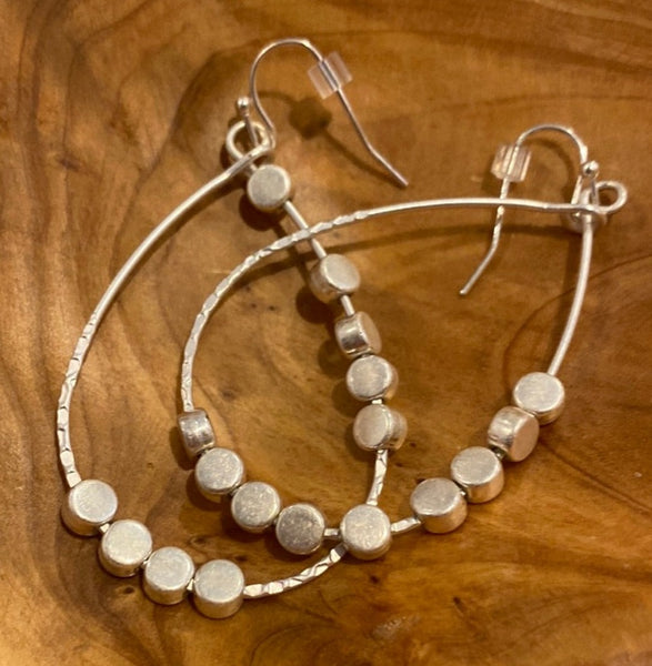 Silver Tone Beaded Oval Hoop Earrings