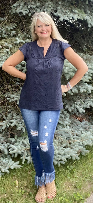 Navy Blue Cotton Eyelet Lace Ruffle Sleeve Top
