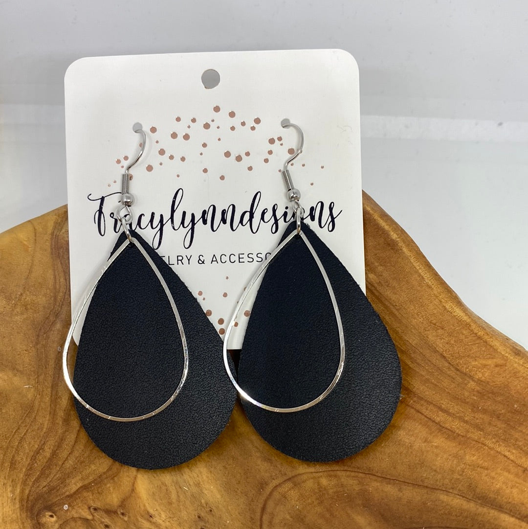Black Leather Teardrop Earrings Silver Hoops