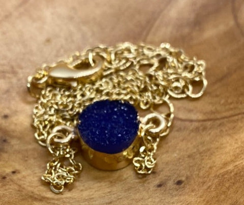 Gold Tone Deep Blue Round Druzy Necklace