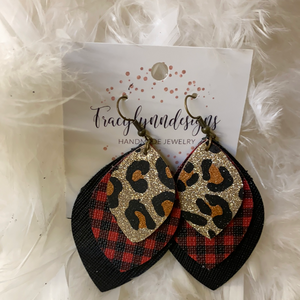 Triple Black Plaid Leopard Leaf Leather Earrings