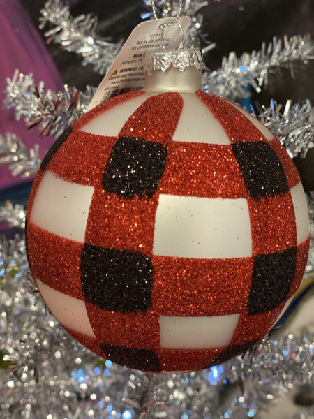 Round Red Black Check Glitter Plaid Glass Ornament