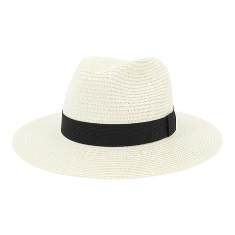 Casual Solid Ribbon Ivory Wide Brim Banded Straw Panama Hat