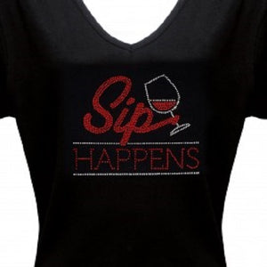 Black Rhinestone Sip Happens S-S  Wine T Shirt