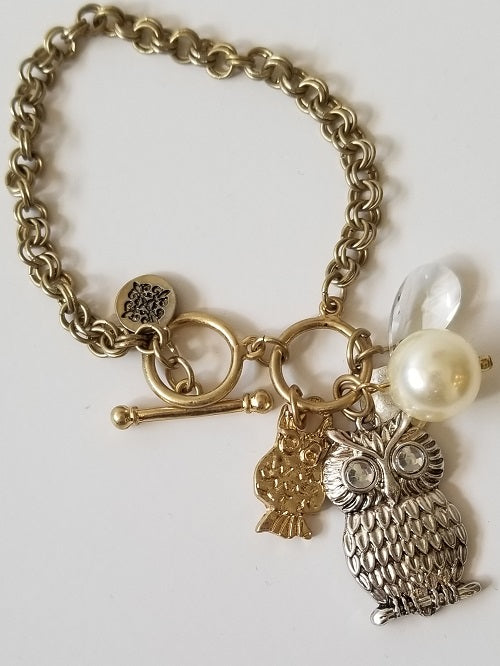 Antique Gold Silver Cluster Owl Toggle Bangle Charm Bracelet