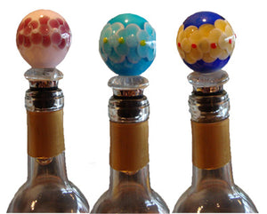Murano Glass Ball Wine Bottle Stopper  Painted Flowers