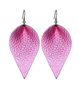Pink Leather Leaf Teardrop Dangle Earrings