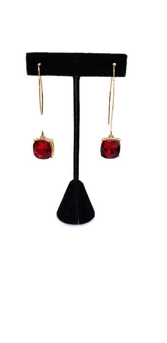 Red Square Crystal Drop Earrings