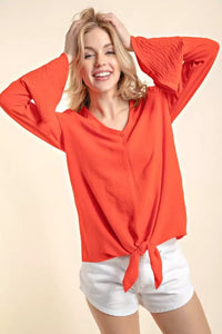 Long Sleeve V Neck Bell Sleeve Top Red
