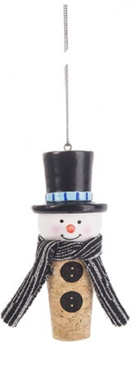 Snowman Wine Cork Christmas Ornament w Black Silver Stripes