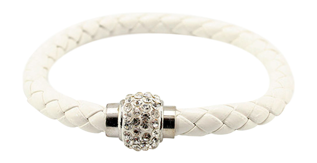 White Leather Pave Crystal Ball Magnetic Bracelet