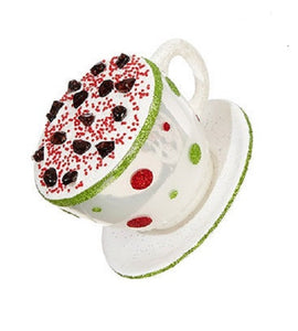 White Cappuccino Coffee Cup and Saucer Christmas Ornament