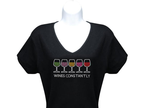Black Wines Constantly Rhinestone Short Sleeve T Shirt